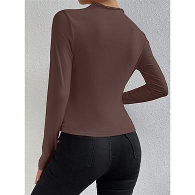 Women's Ruched Long Sleeve Shirts Mock Neck Fitted T Shirts Solid Color Basic Tops