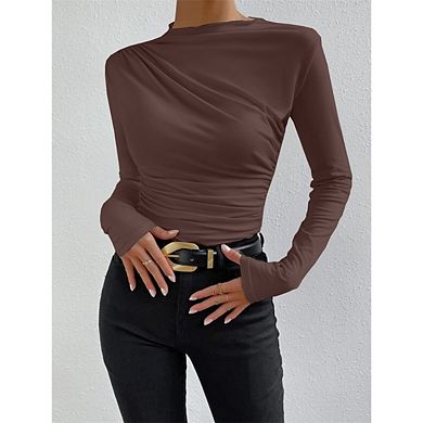 Women's Ruched Long Sleeve Shirts Mock Neck Fitted T Shirts Solid Color Basic Tops