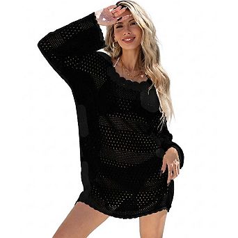 Women's Round Neck Crochet Long Sleeve Mid-Length Cover-Up
