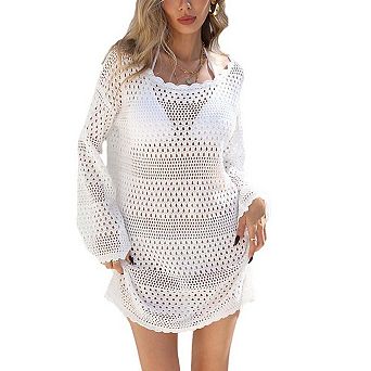 Women's Round Neck Crochet Long Sleeve Mid-Length Cover-Up