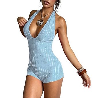 Women V Neck Sleeveless Romper Sequin Backless Shorts Jumpsuit Clubwear