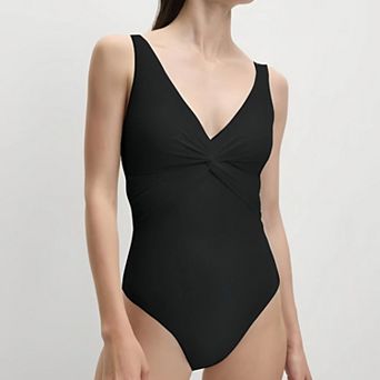 Women Twist Front One Piece Swimsuit Ruched V-Neck Tummy Control Bathing Suit Scoop Back Swimsuit