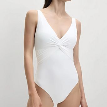 Women Twist Front One Piece Swimsuit Ruched V-Neck Tummy Control Bathing Suit Scoop Back Swimsuit