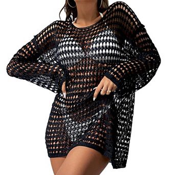 Women's Knit Cover Up Long Sleeve Round Neck Hollow Out Beach Dress for Swimwear