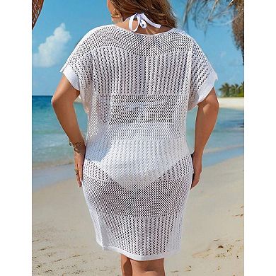 Beach Cover Up for Plus Size Women Swimsuit Knit Hollow Out Split Dress