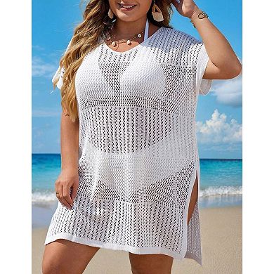 Beach Cover Up for Plus Size Women Swimsuit Knit Hollow Out Split Dress
