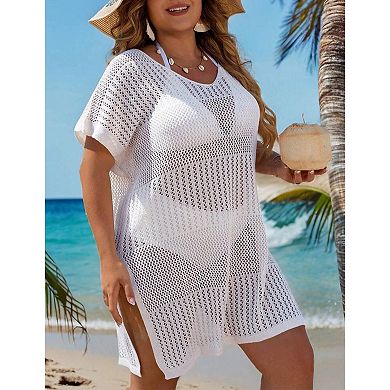 Beach Cover Up for Plus Size Women Swimsuit Knit Hollow Out Split Dress