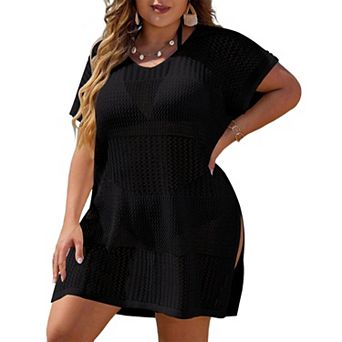 Beach Cover Up for Plus Size Women Swimsuit Knit Hollow Out Split Dress