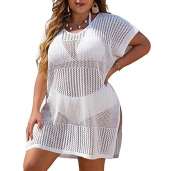 Beach Cover Up for Plus Size Women Swimsuit Knit Hollow Out Split Dress