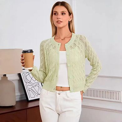 Women's Round Neck Long Sleeve Cardigan with Openwork Knit Casual Layering Sweater Cover Up