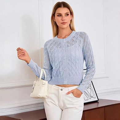 Women's Round Neck Long Sleeve Cardigan with Openwork Knit Casual Layering Sweater Cover Up