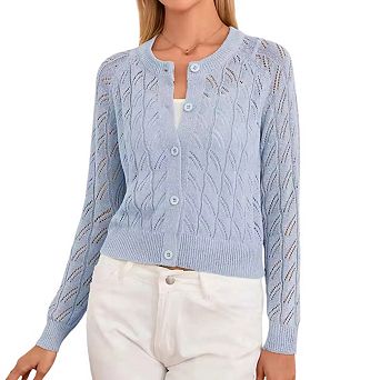 Women's Round Neck Long Sleeve Cardigan with Openwork Knit Casual Layering Sweater Cover Up
