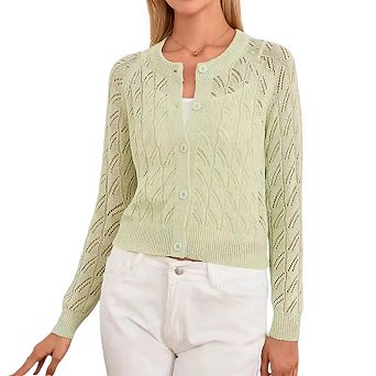 Women's Round Neck Long Sleeve Cardigan with Openwork Knit Casual Layering Sweater Cover Up