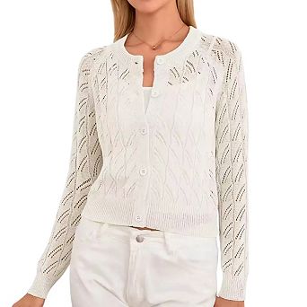 Women's Round Neck Long Sleeve Cardigan with Openwork Knit Casual Layering Sweater Cover Up