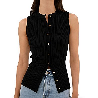 Women's Sleeveless Mock Neck Ribbed Knit Button Front Vest with Asymmetric Hem