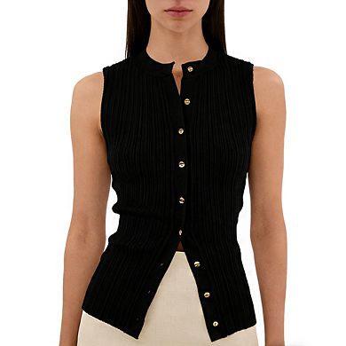 Women's Sleeveless Mock Neck Ribbed Knit Button Front Vest with Asymmetric Hem