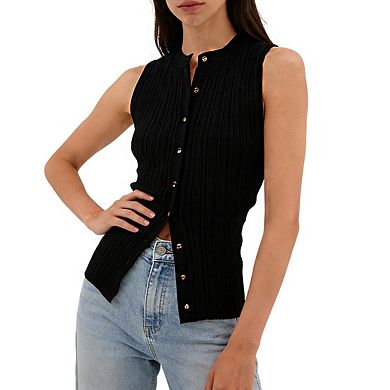 Women's Sleeveless Mock Neck Ribbed Knit Button Front Vest with Asymmetric Hem