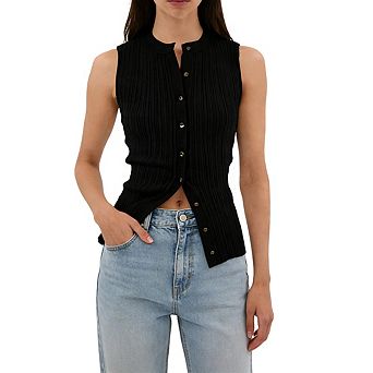 Women's Sleeveless Mock Neck Ribbed Knit Button Front Vest with Asymmetric Hem