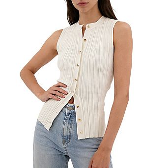 Women's Sleeveless Mock Neck Ribbed Knit Button Front Vest with Asymmetric Hem