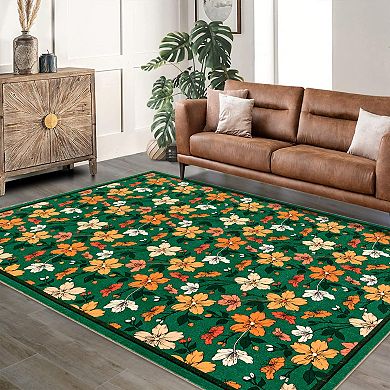 Washable Rug, Non Slip Boho Soft Bedroom Rug, Ultra Thin Colorful Flower Carpet for Dining Room