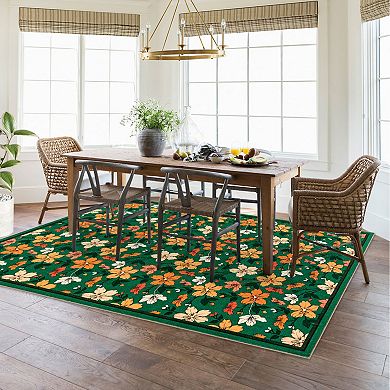 Washable Rug, Non Slip Boho Soft Bedroom Rug, Ultra Thin Colorful Flower Carpet for Dining Room