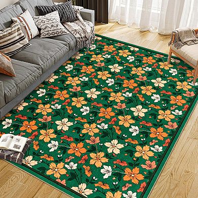 Washable Rug, Non Slip Boho Soft Bedroom Rug, Ultra Thin Colorful Flower Carpet for Dining Room