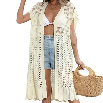Women's Swimsuit Cover Up Open Front Knit Beach Cardigan Lightweight Summer Coverup