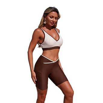 Women's Two Piece Swimsuit, Color Block V Neck Top with High Waisted Bike Shorts Bathing Suit