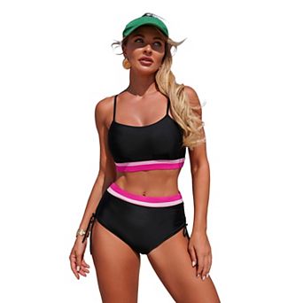 Women's Two Piece Swimsuit, Color Block Spaghetti Strap Top with High Waisted Drawstring Bottoms