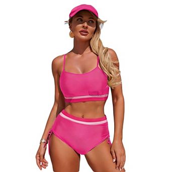 Women's Two Piece Swimsuit, Color Block Spaghetti Strap Top with High Waisted Drawstring Bottoms
