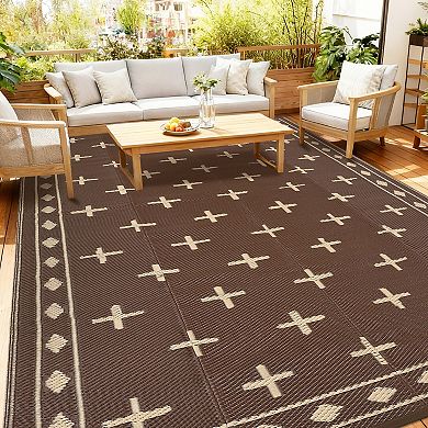 Geometric Reversible Outdoor Rug Waterproof Plastic Straw Patio Carpet for Deck, Porch, Garden