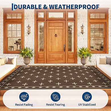 Geometric Reversible Outdoor Rug Waterproof Plastic Straw Patio Carpet for Deck, Porch, Garden