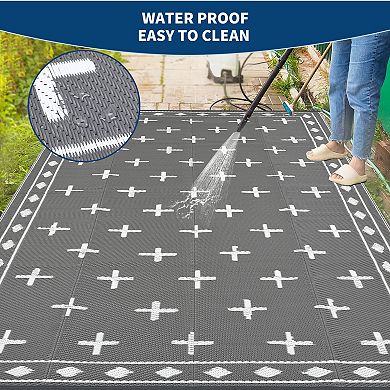 Geometric Reversible Outdoor Rug Waterproof Plastic Straw Patio Carpet for Deck, Porch, Garden