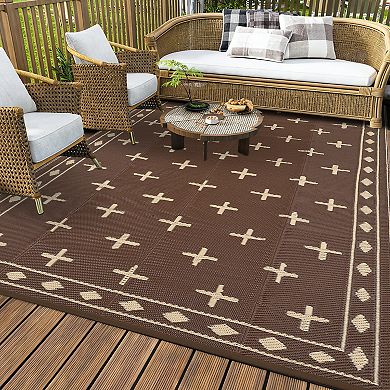 Geometric Reversible Outdoor Rug Waterproof Plastic Straw Patio Carpet for Deck, Porch, Garden