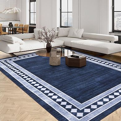 Large Dining Room Rugs Non-Slip Modern Bordered Floor Cover, Foldable Geometric Plaid Accent Rug