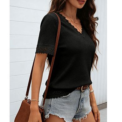 Women's Short Sleeve Crochet Blouse V Neck Lace Trim Casual Knit Top
