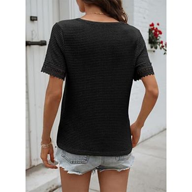 Women's Short Sleeve Crochet Blouse V Neck Lace Trim Casual Knit Top