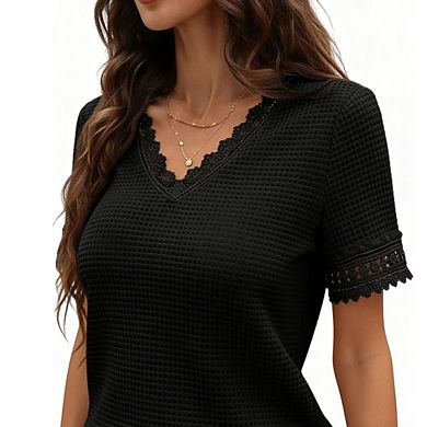 Women's Short Sleeve Crochet Blouse V Neck Lace Trim Casual Knit Top
