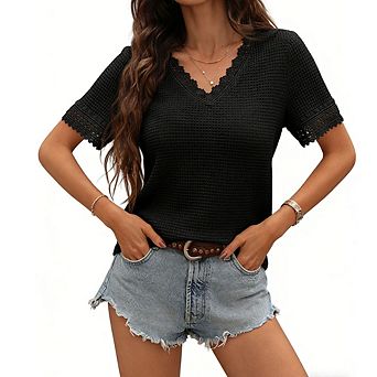 Women's Short Sleeve Crochet Blouse V Neck Lace Trim Casual Knit Top