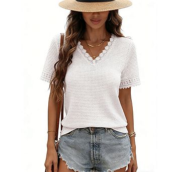 Women's Short Sleeve Crochet Blouse V Neck Lace Trim Casual Knit Top