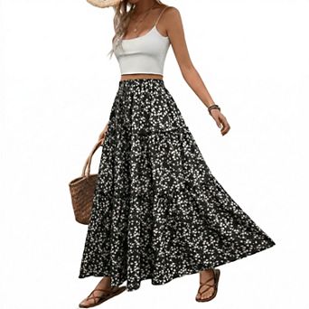 Women Casual Flowy Long Skirt Beach Floral Elastic Waist Skirt