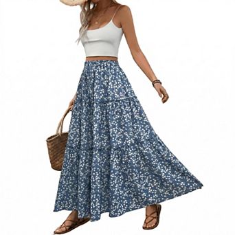 Women Casual Flowy Long Skirt Beach Floral Elastic Waist Skirt
