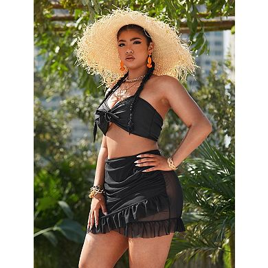 Women's Plus Size Two-Piece Solid Color Swimsuit Set