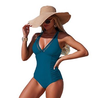 Women's One Piece Swimsuit, Mesh Panel V Neck Ruched Tummy Control Bathing Suit