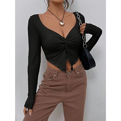 Women Deep V Neck Twist Front Long Sleeve Fitting Stretch Casual Crop Top