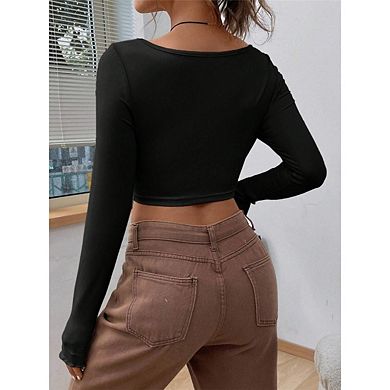 Women Deep V Neck Twist Front Long Sleeve Fitting Stretch Casual Crop Top