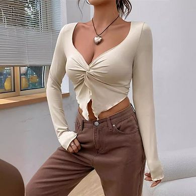 Women Deep V Neck Twist Front Long Sleeve Fitting Stretch Casual Crop Top