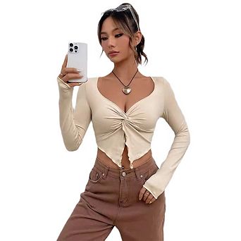 Women Deep V Neck Twist Front Long Sleeve Fitting Stretch Casual Crop Top