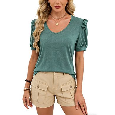 Women's Scoop Neck Puff Sleeve Top Ruffled Trim Casual T-Shirt