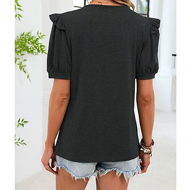 Women's Scoop Neck Puff Sleeve Top Ruffled Trim Casual T-Shirt